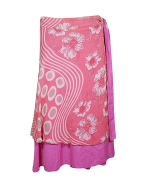 Mogul Women Sari Wrap Skirt Pink Printed 2 Layer Summer Beach Wear Cover Up Long Magic Sarong Skrits One Size