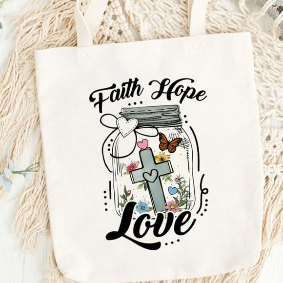 Faith Hope Love Print Designs Ladies Bag Faith Cross Religious Women Church Gift Christian Summer Shopper Canvas Shopping Tote