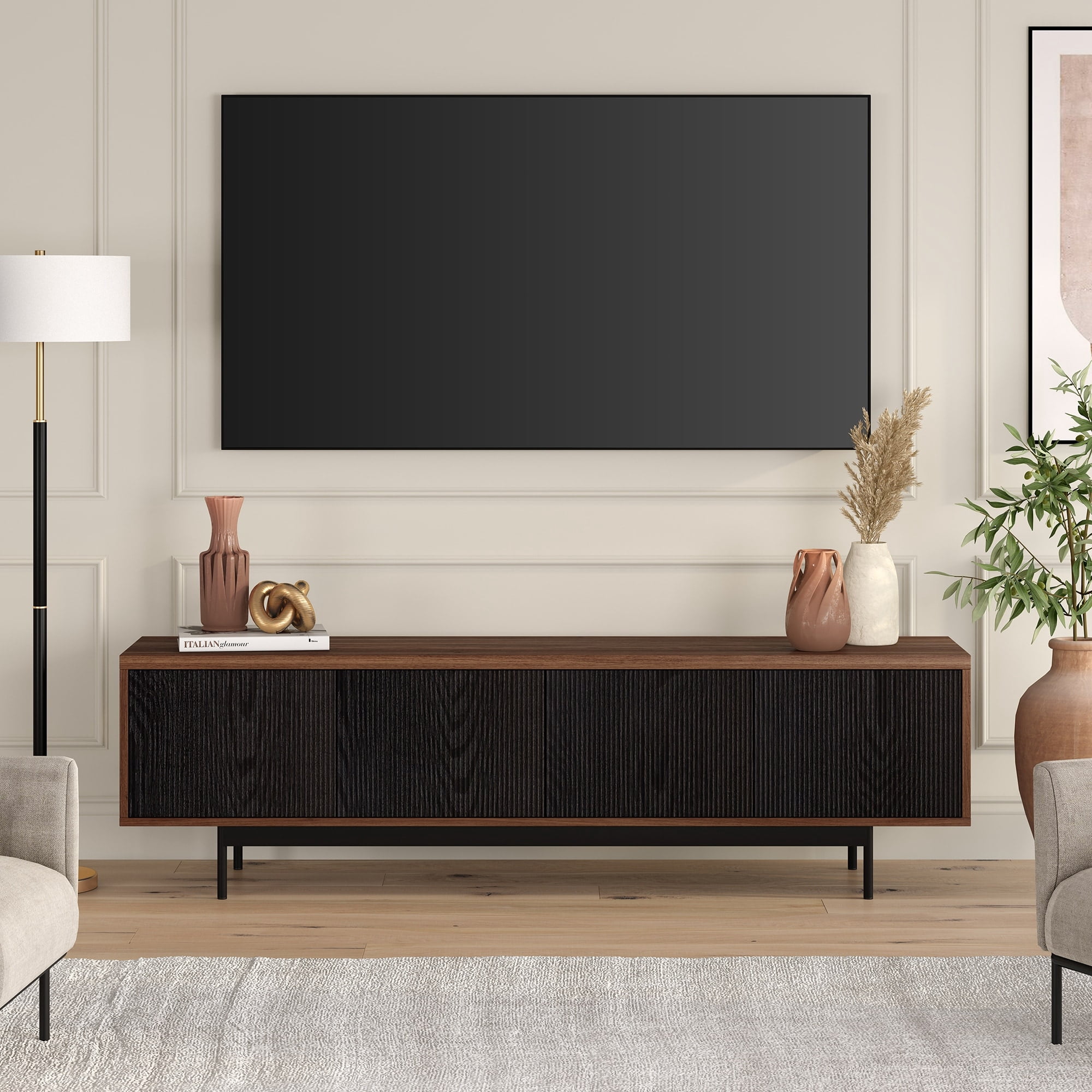 Heath & Cliff Whitman Rectangular TV Stand for TV's up to 75" - 70" Wide Satin Walnut/Black Grain