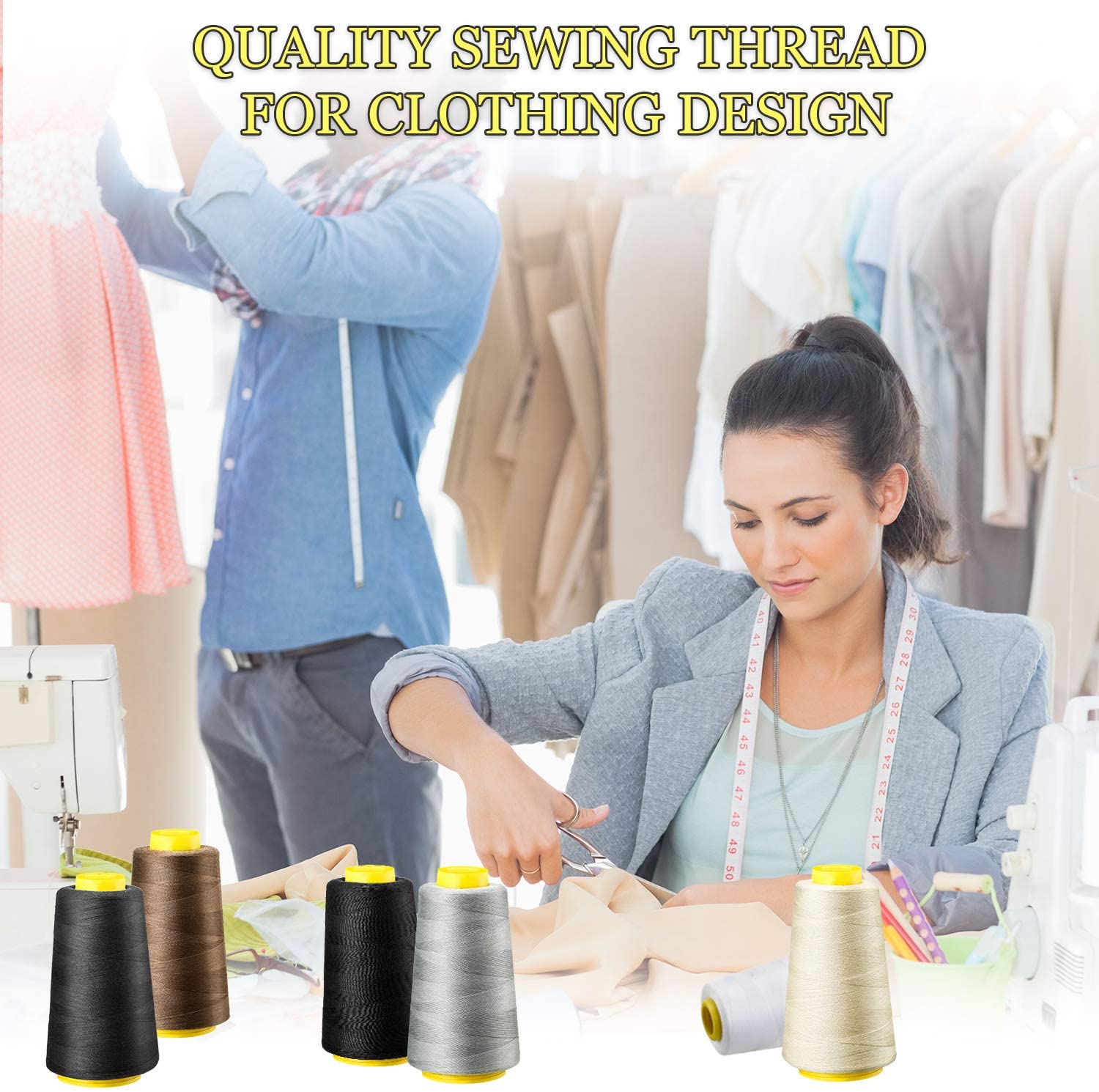 6 Rolls 3000 Yard Each Serger Thread Polyester Cones Spool Thread for Sewing Serger Overlock Quilting Sewing Machine (Black, White, Beige, Grey, Dark Grey, Coffee)