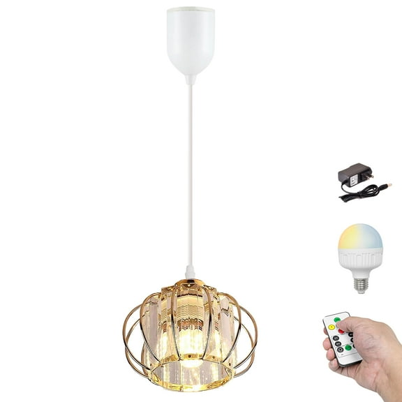 Kiven Battery Operated Pendant Light with Remote,1-Light Rechargeable Hanging Pendant Light Adjustable Height with Crystal Lampshade for Bedroom Kitchen Home Decor Gold TB2982