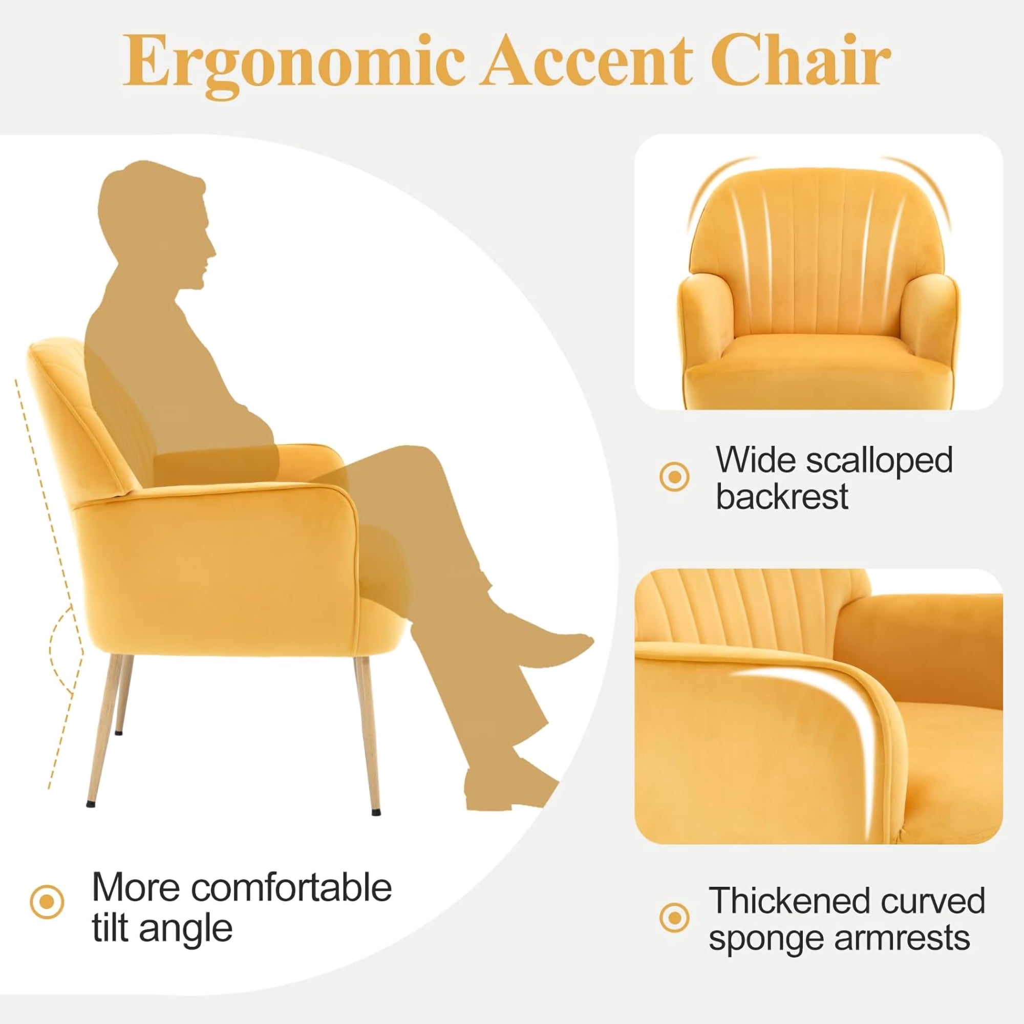 Mintazer Velvet Accent Chair with Shell-Shaped Backrest, Modern Upholstered Armchair with Metal Legs for Living Room & Bedroom, Yellow