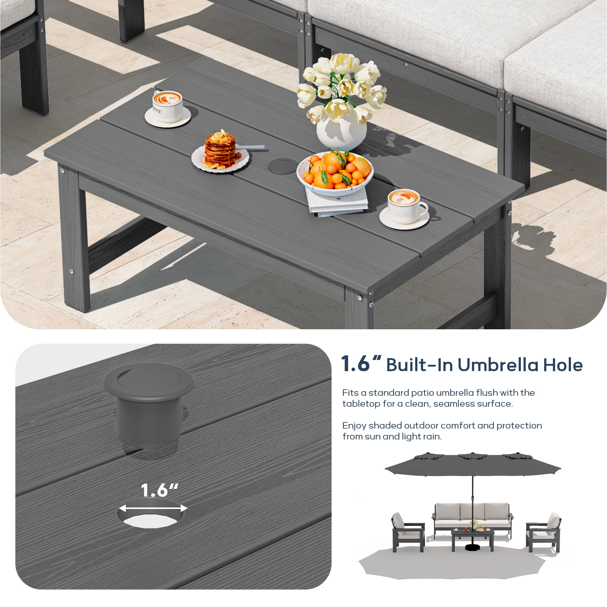 SERWALL Outdoor Patio Furniture Set, 6-Piece HDPE Outdoor Sofa Set Patio Conversation Set, Grey Frame with Beige Cushions