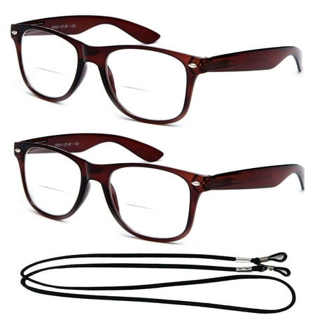 2 Pack Bifocal Vintage Style Comfortable Stylish Simple Reading Glasses With Lanyard
