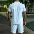 thumbnail image 4 of Men'S Contrast Trim Linen Blend Short Sleeve Button Down Shirt And Drawstring Waist Shorts Set For Summer Beach Vacation And Casual Wear,Sky Blue,XXXL, 4 of 4