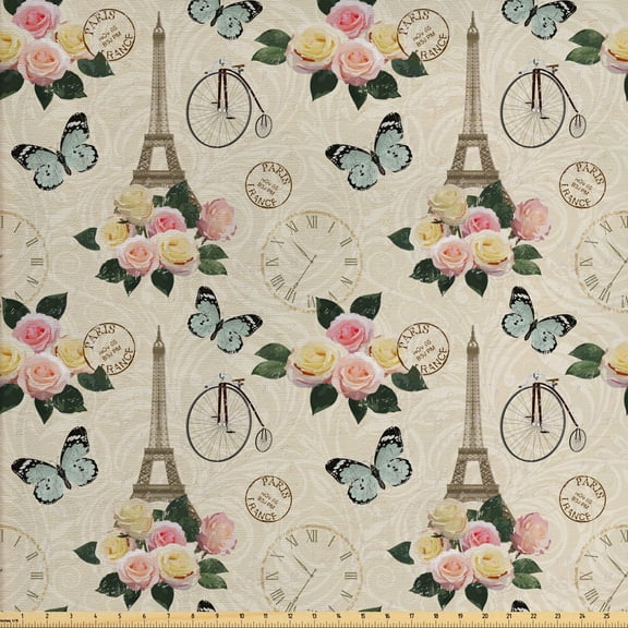 Ambesonne Colorful Fabric by the Yard Upholstery, French Eiffel Tower Image, 2 Yards, Multicolor