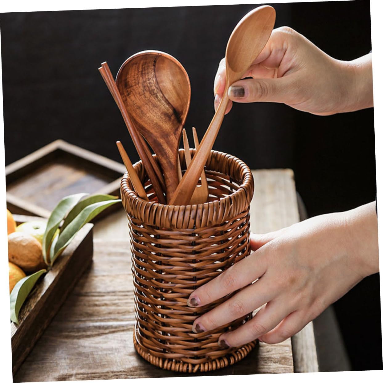 ABCISI Woven Utensil Holder, Countertop Cutlery Organizer Basket for Kitchen, Dining Table, or Workspace Storage, Silverware Drying Basket, Lightweight and Portable, 6.14 X 4.09 X 4.09 Inches, Brown
