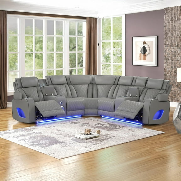 Fortuner Modern recliner sectional made with wood & faux leather in Gray