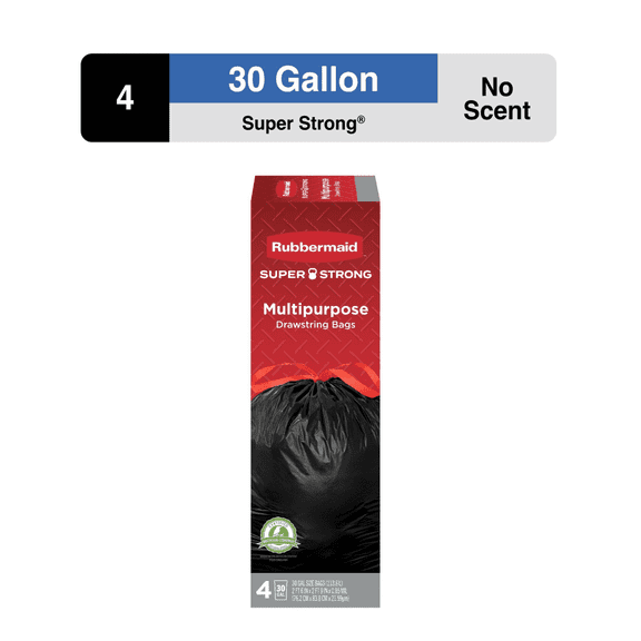 Rubbermaid Super Strong 30-Gallon Drawstring Large Residential Waste Bin Liners, Unscented, 4 Bags