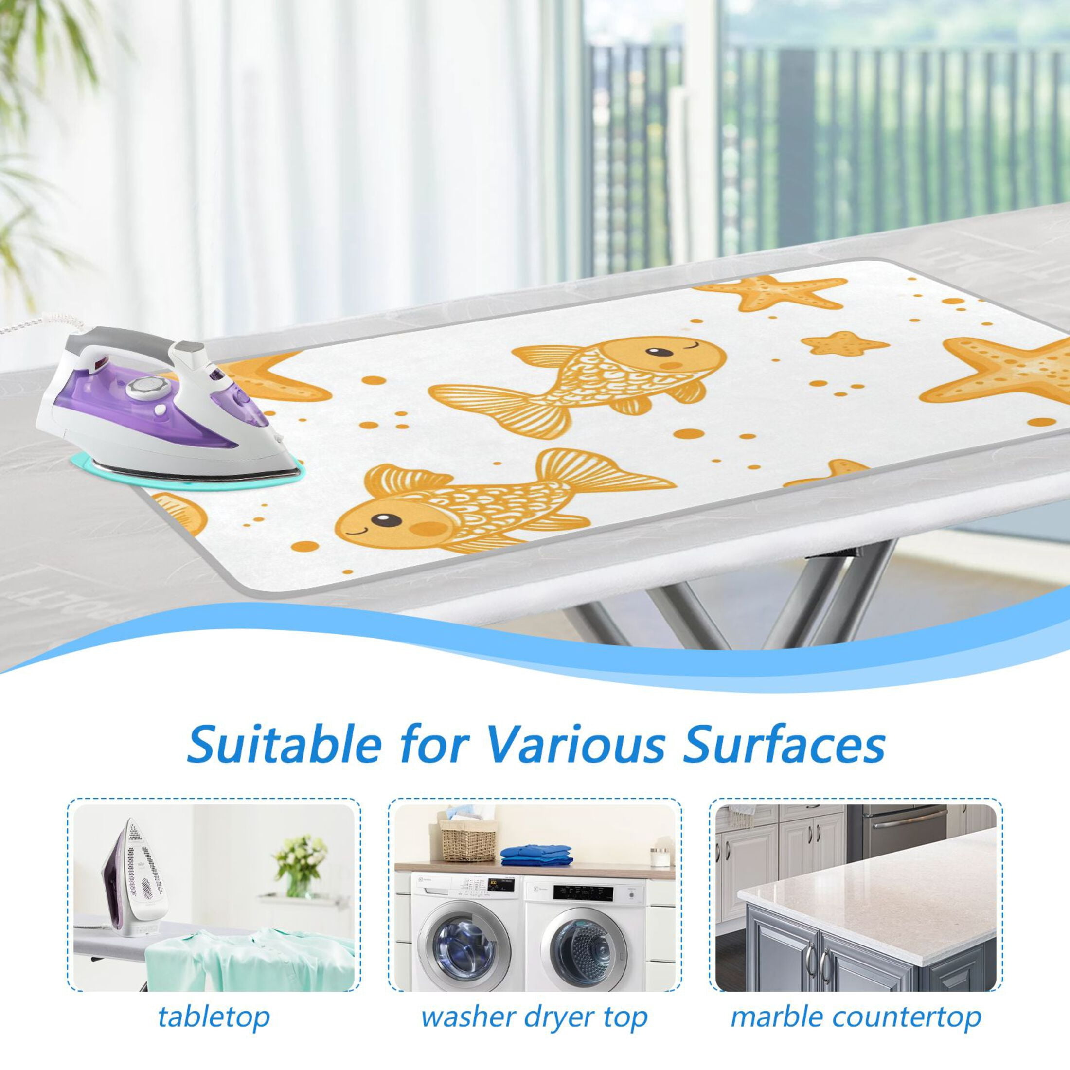 Yellow Fishes Stars Dots Cartoon Ironing Mat Blanket Portable Travel Ironing Pad Heat Resistant Pad 47.2" x 27.6”