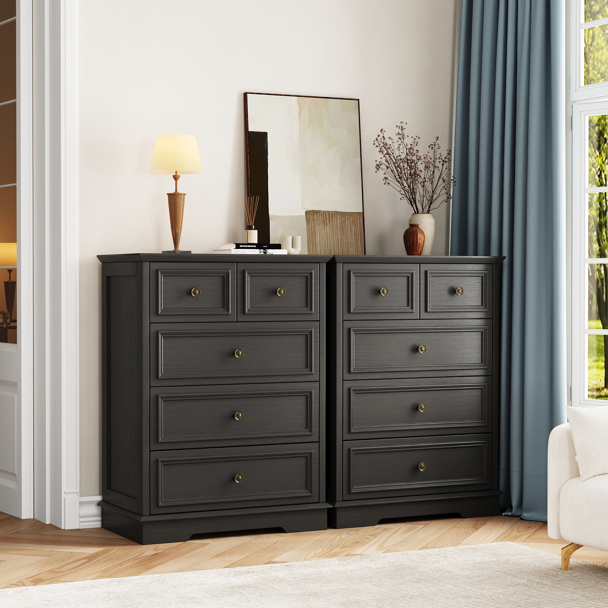 IDEALSOUL 5 Drawer Dresser for Bedroom, Black Rustic Style Chest of Drawers, Retro Style 5 Drawer Dresser for Bedroom, Living Room, Bathroom