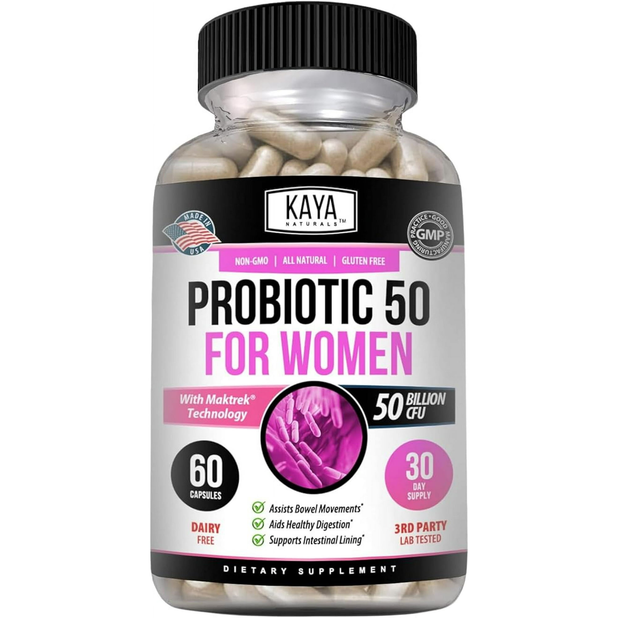 Kaya Naturals Probiotic 50 Billion CFU | Probiotics for Women, Probiotics for Men and Adults, Natural | Gut Health & Immune Support Supplement | Provides Digestive Support - 60 Vegetable Capsules