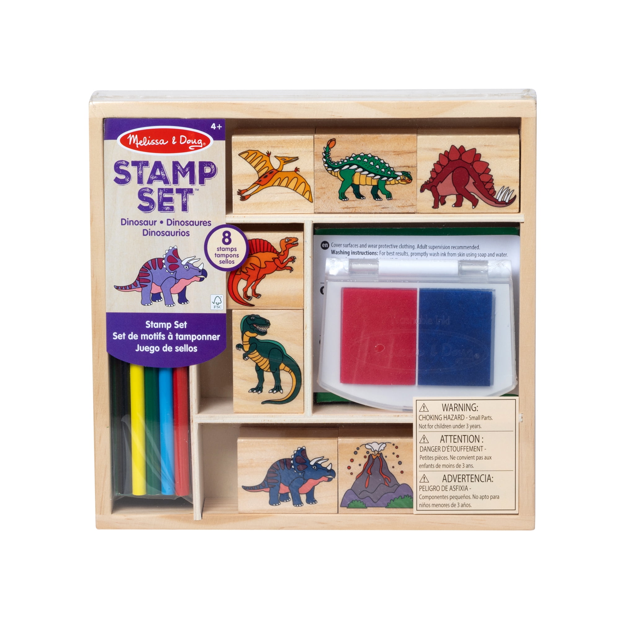Melissa & Doug Wooden Stamp Set: Dinosaurs - 8 Stamps, 5 Colored Pencils, 2-Color Stamp Pad Kids Arts And Crafts, Washable Ink Pads For Kids, Dinosaur Stamps For Ages 4+ - FSC-Certified