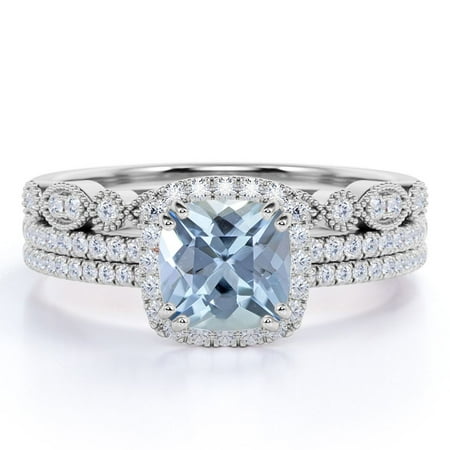 JeenMata Pave 1.75 Carat Cushion Cut Created Aquamarine and Moissanite Trio Wedding Ring Set in 18k White Gold over Silver