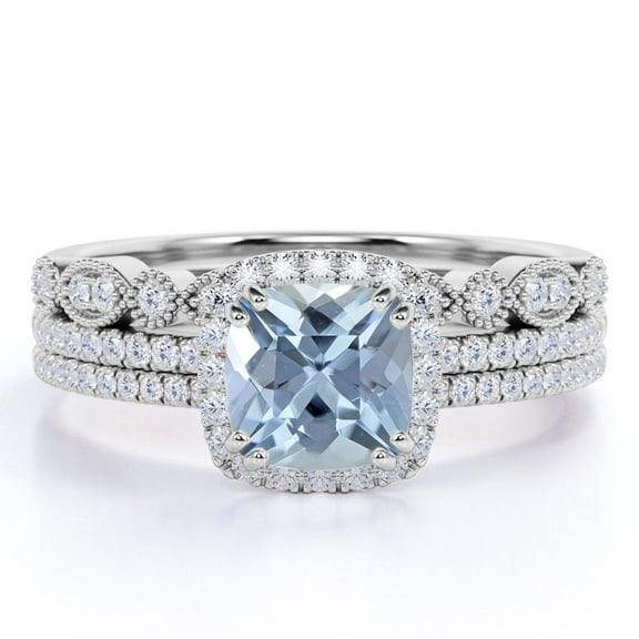 JeenMata Pave 1.75 Carat Cushion Cut Created Aquamarine and Moissanite Trio Wedding Ring Set in 18k White Gold over Silver