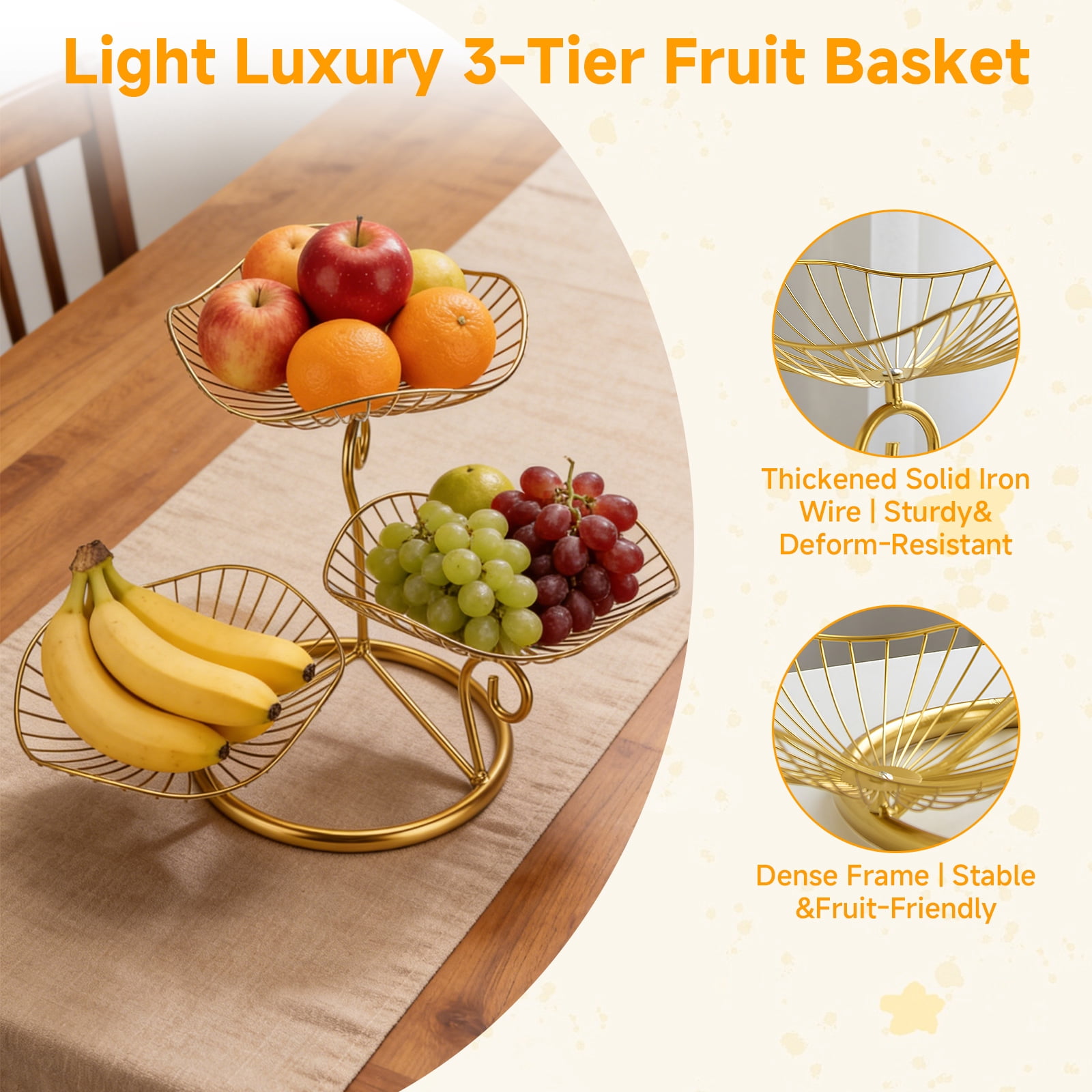 3-Tier Fruit Basket,Detachable Metal Fruit Vegetable Organizer Stand  for Kitchen Counter, Bread, Snacks, Utensils, Gold