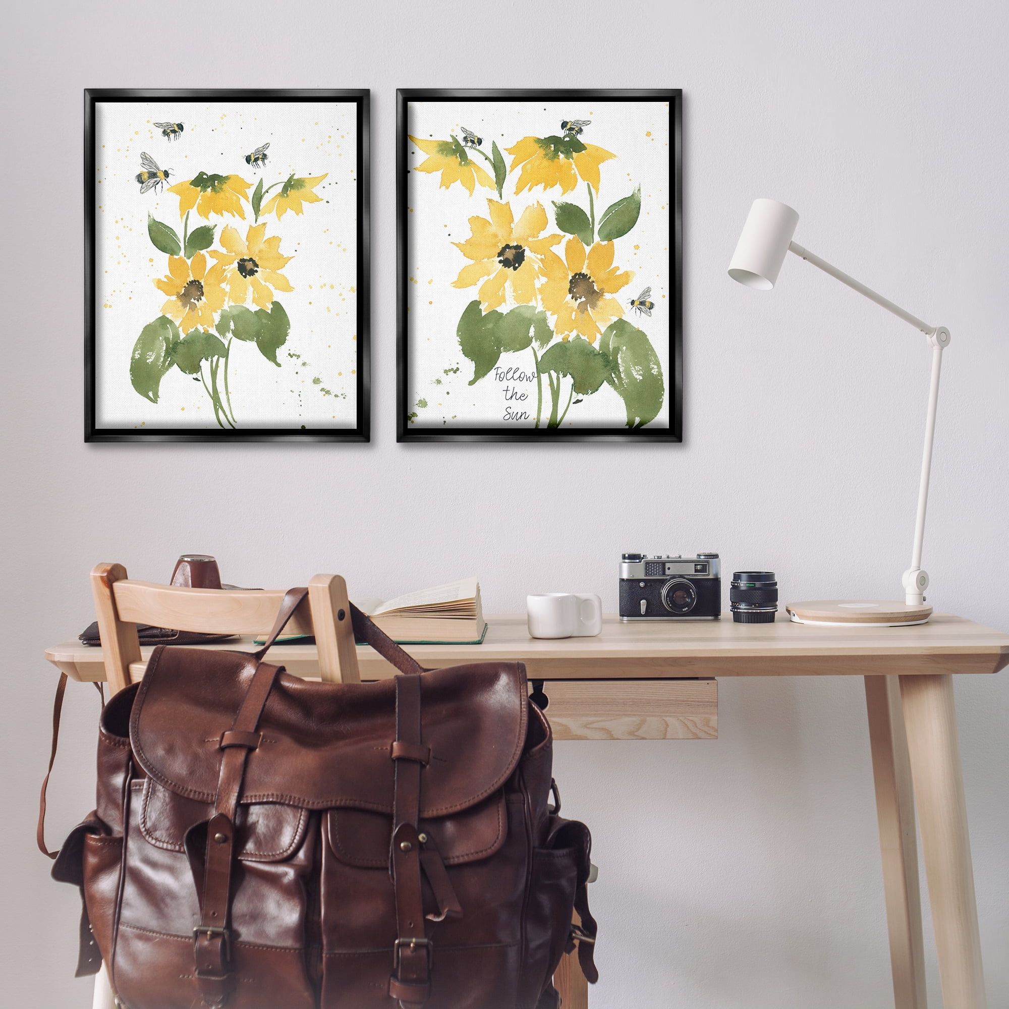 Stupell Industries Follow the Sun Flowers Plants & Flowers Painting Black Floater Framed Canvas Art Print Wall Art, 31 x 25, Set of 2