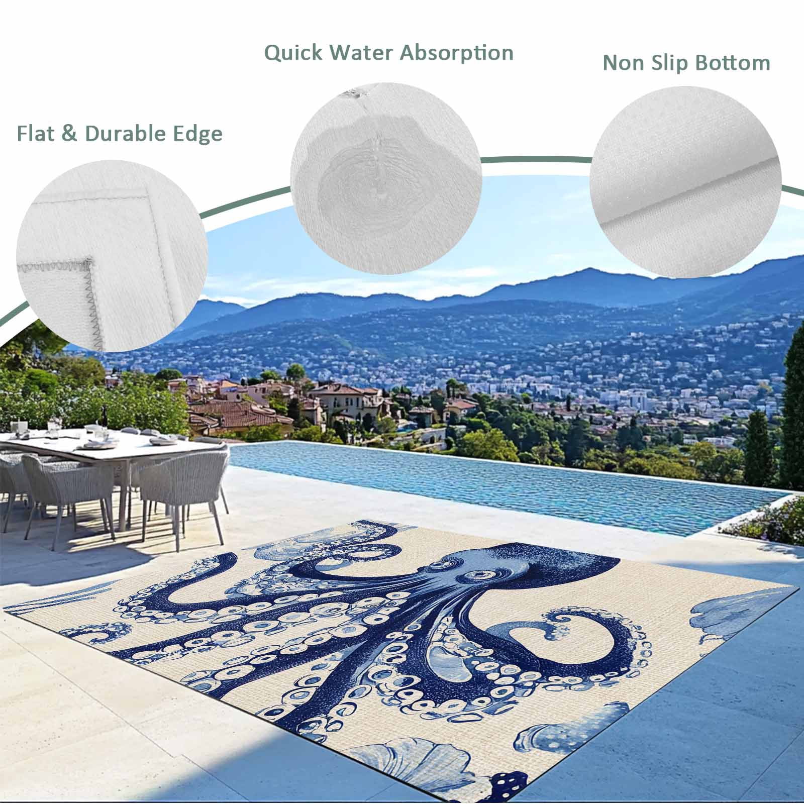 Fsddascl Navy Blue Octopus Coastal Outdoor Rug for Patio/Deck/Porch, Non-Slip Large Area Rug 4 x 6 Ft, Nautical Summer Beach Rustic Indoor Outdoor Rugs Washable Area Rugs, Camping Rug Carpet