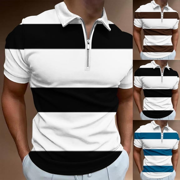 Afuyipoi Casual T-Shirts Men,Turn Down Collar Zipper T-Shirt Short Sleeve Athleisure Tees Blue S