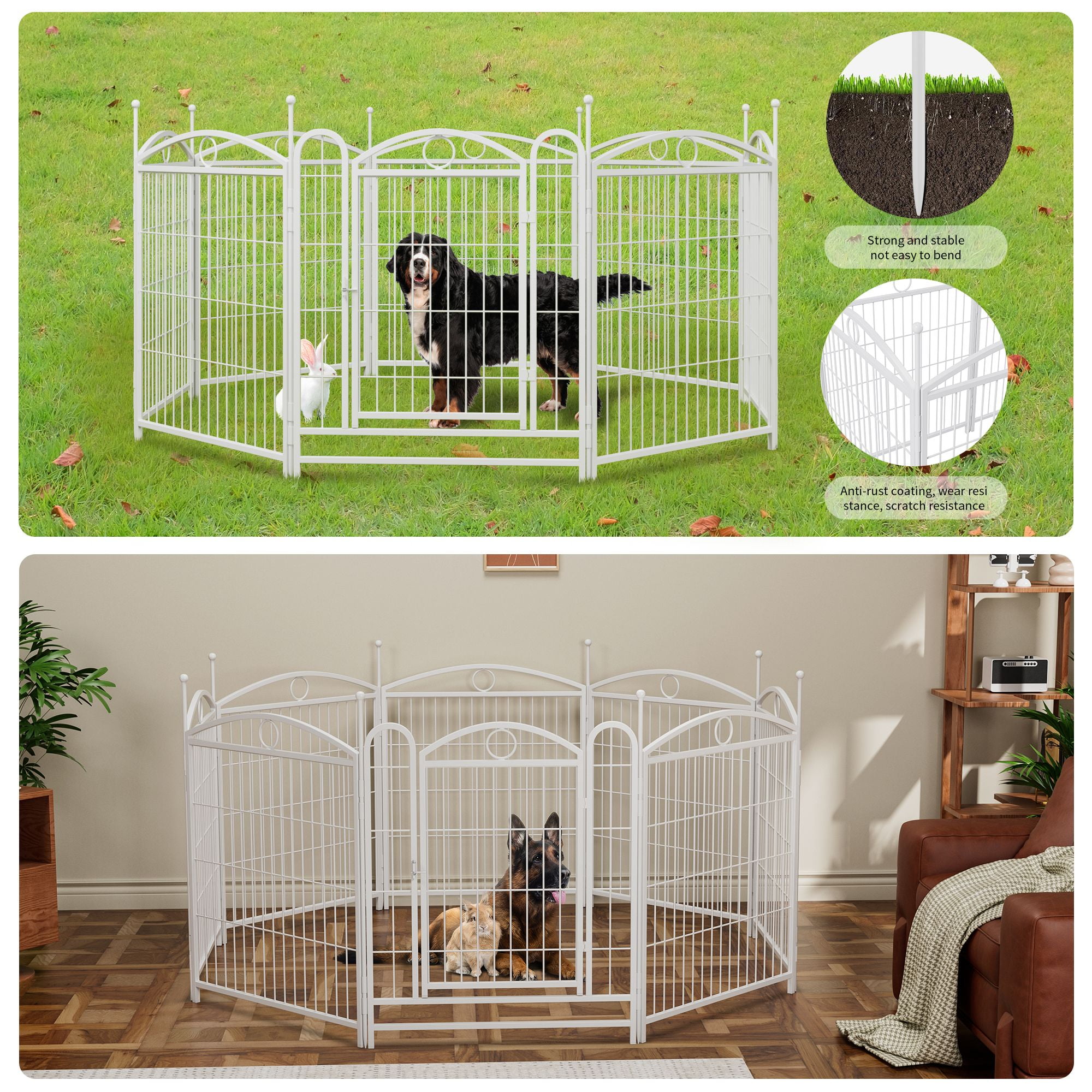 Pefilos Outdoor Dog Playpen with Doors, 32" 8 Panels Indoor Dog Fence Metal Dog Pen Pet Puppy Exercise Pen for RV Camping Garden Yard, White