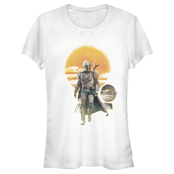 Junior's Star Wars: The Mandalorian The Child and Mando Walking Sunset Graphic Tee White X Large