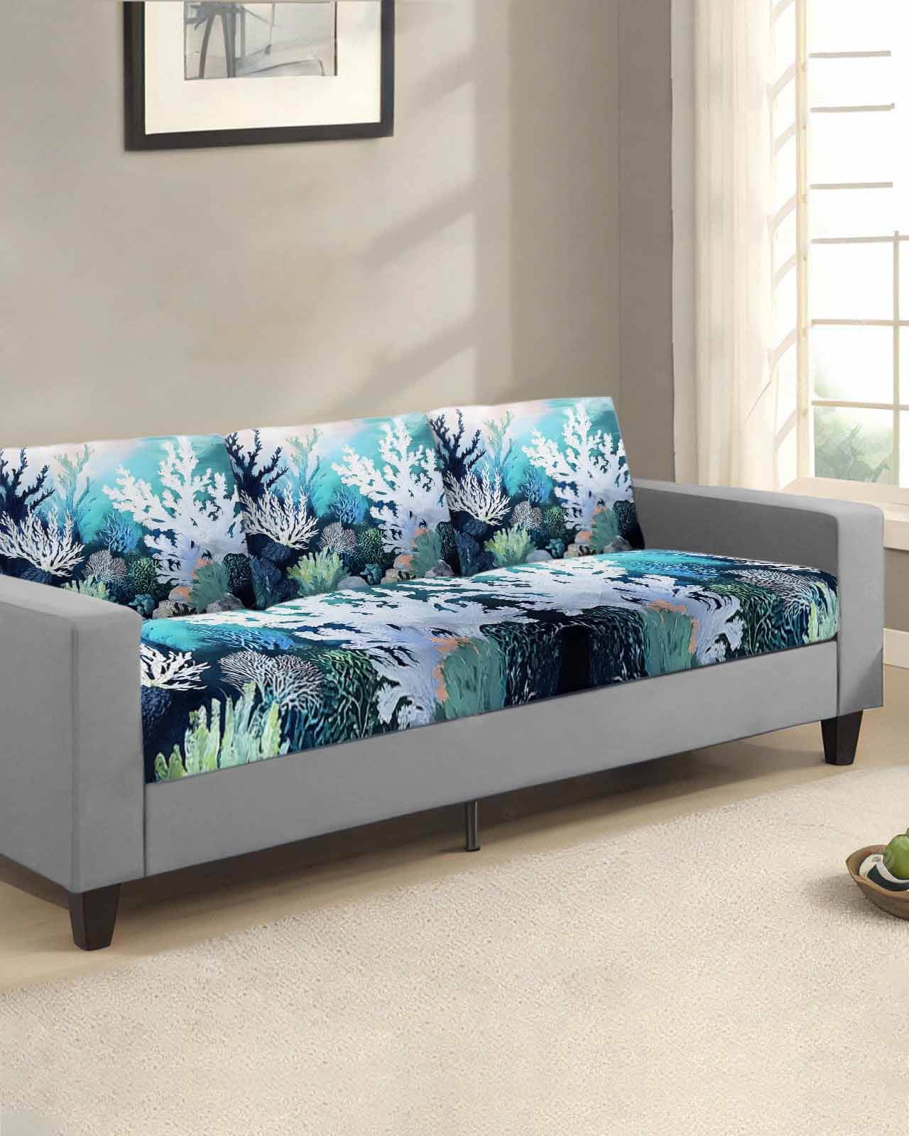 Coastal Ocean Couch Cushion Covers Stretch, Washable Sofa Seat Covers Individual Seat Cushion Sofa Slipcovers Summer Vintage Colorful Coral Couch Cover Furniture Protector S-1PCS