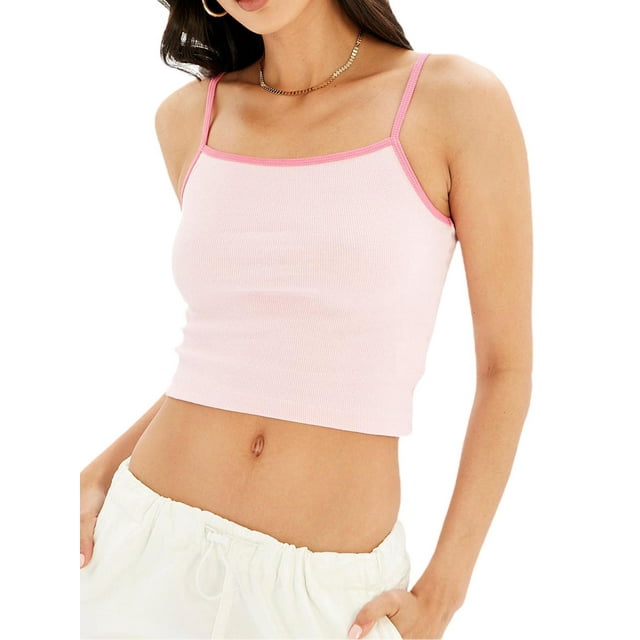 xiaxaixu Women's Basic Crop Cami Tops, Sleeveless Spaghetti Strap Contrast/Solid Color Camisole