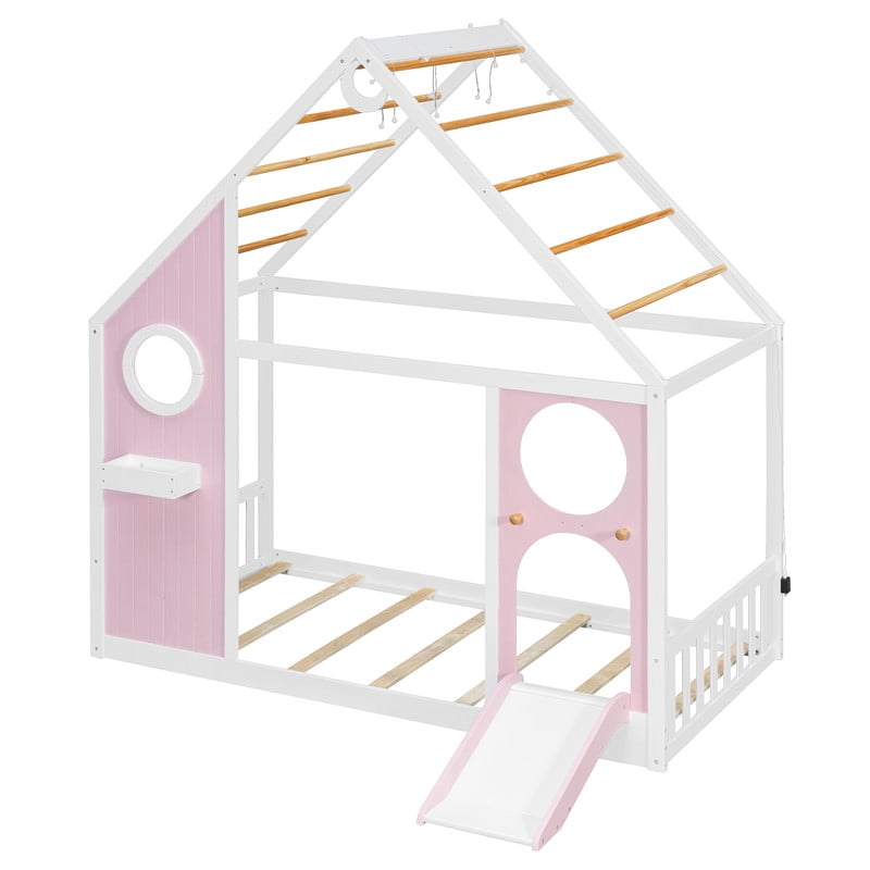 Twin Size Kids House Bed with Small Slide, Wooden Playhouse Floor Design Platform Bed Frame with Light Strip & Storage Shelf