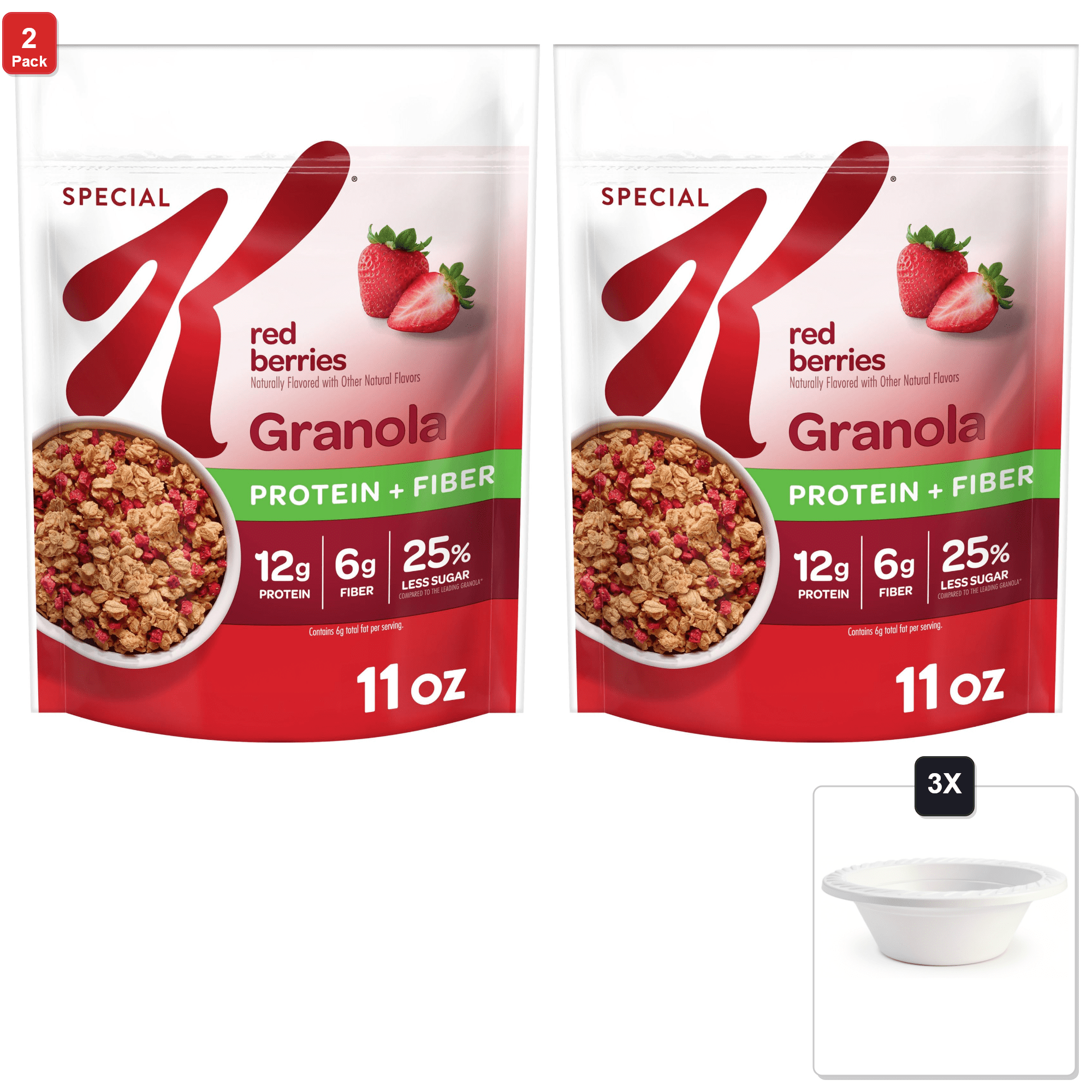 2 Pack | Kellogg’S Special K Granola, Protein Granola, Red Berries, 11 oz Bag (1 Bag) & 3x 12oz Disposable Plastic Bowl