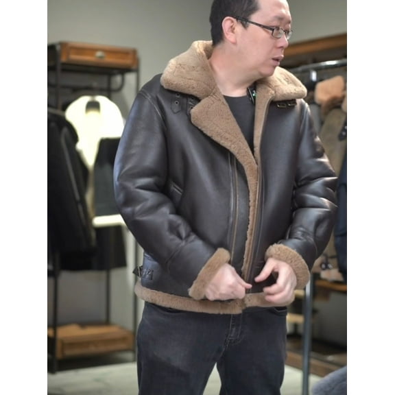 Man New Winter Fashion Coat Genuine Sheepskin Shearling Leather Jacket for Male Thick Warm Wool Liner Brown Plus Size for Weight 100kgs 110kgs,Brown,48