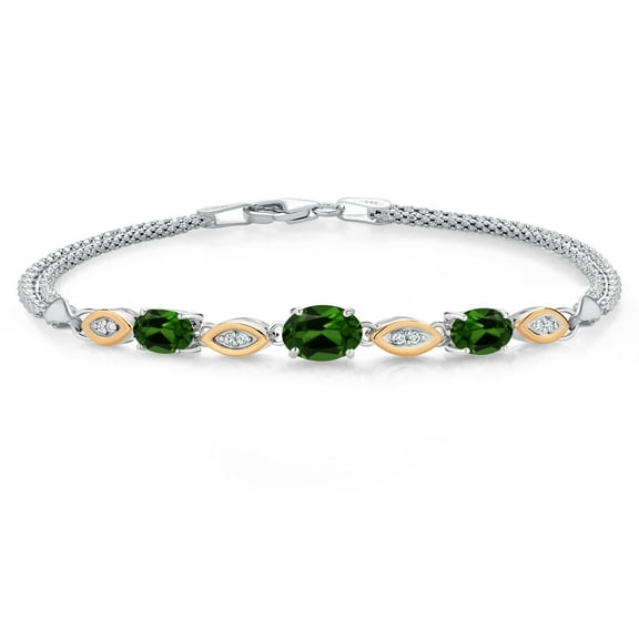 Gem Stone King 925 Silver and 10K Yellow Gold Green Chrome Diopside and White Lab Grown Diamond Bracelet for Women (1.86 Cttw, Gemstone, Oval, Wheat Chain, 6.5 inches)