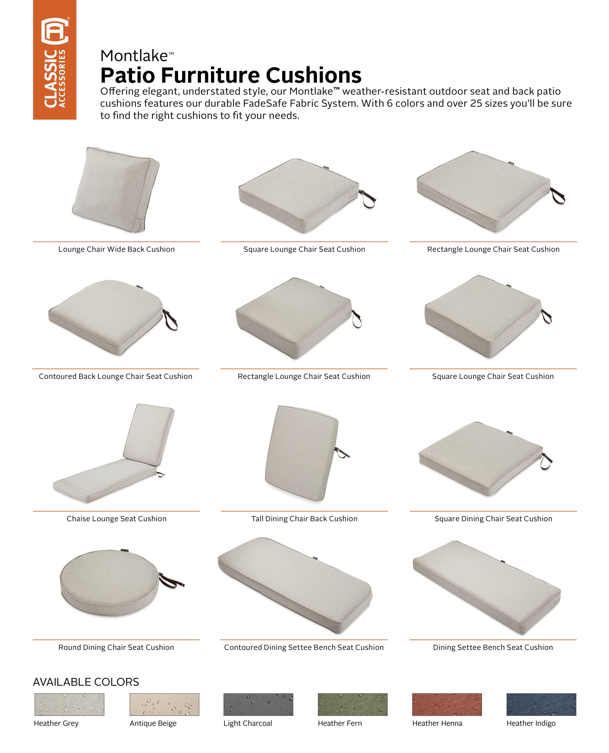 Classic Accessories  25 x 15 x 4 in. Patio Lounge Chair & Loveseat Back Cushion, Heather Gray