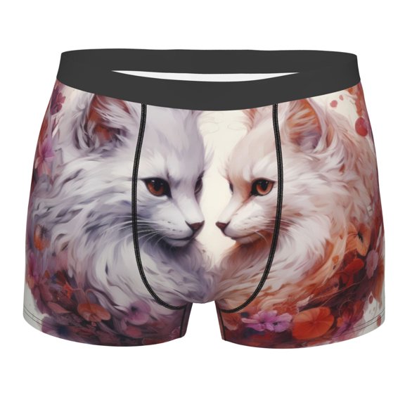 Balery White Red Cat Couple Men's Boxer Briefs, Soft and Breathable Cotton Underwear with nylon Waistband-X-Large