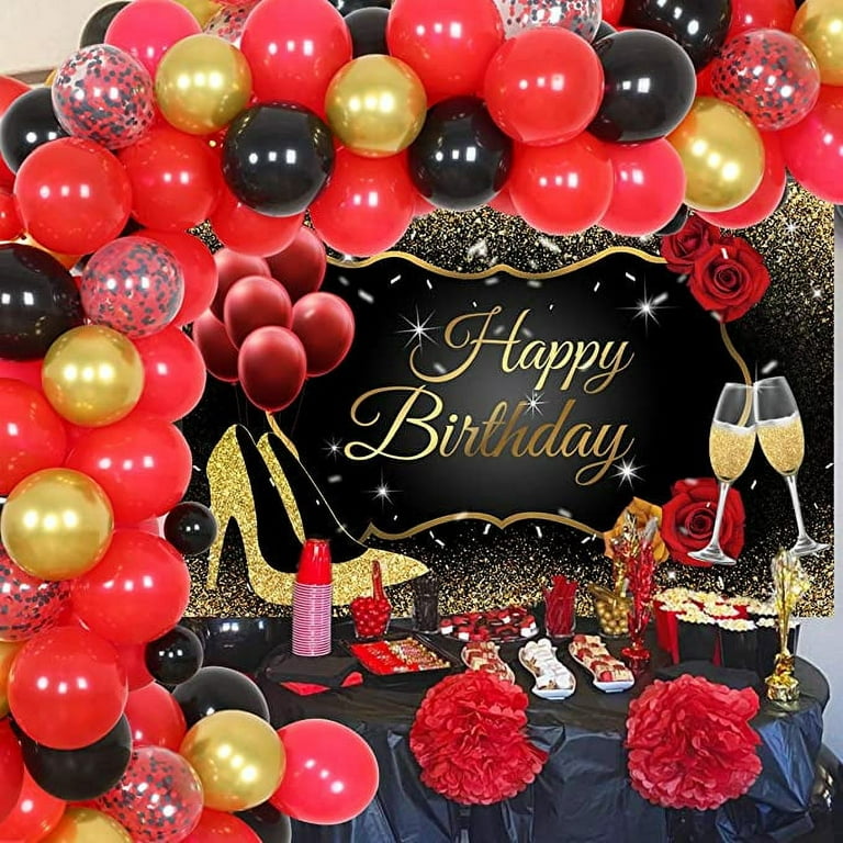 Birthday Decorations for Women Red Black and Gold High Heels Backdrop  Balloon Arch Kit Red and Black for 30th 40th 50th 60th 