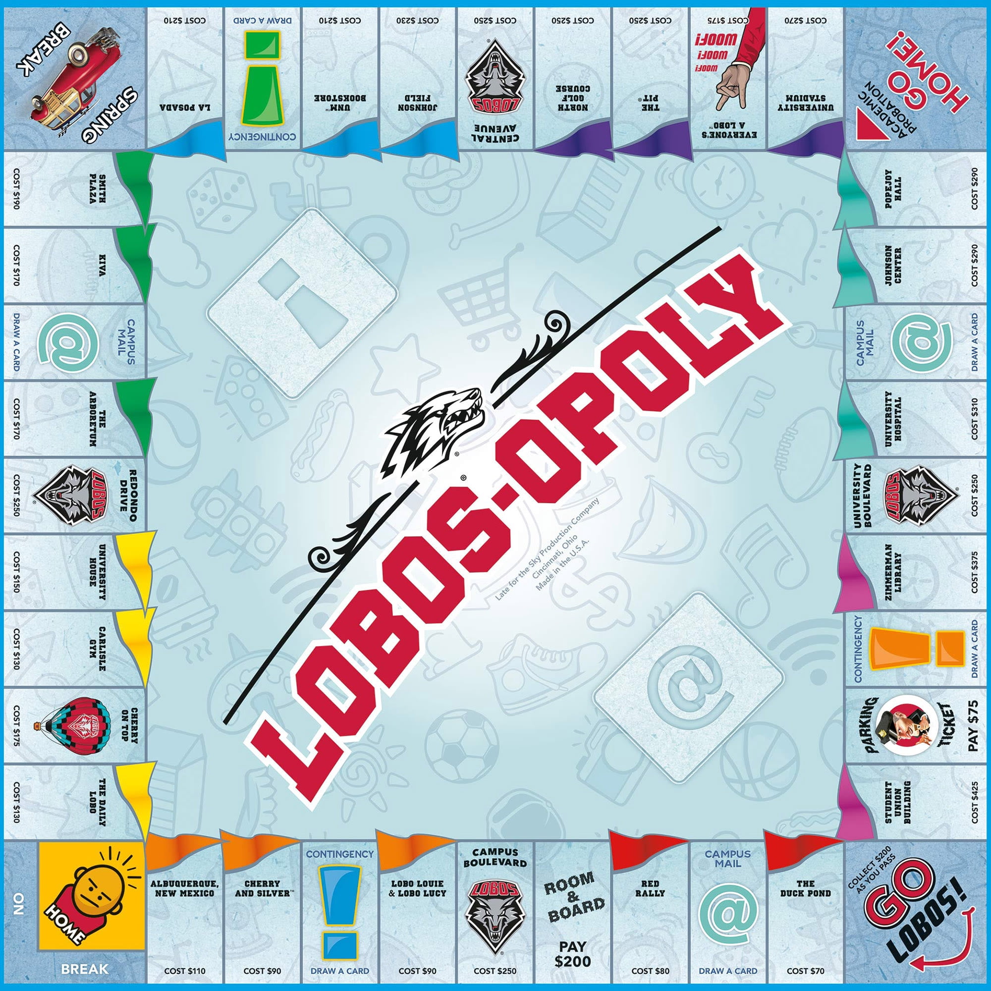 Late For The Sky: Lobos-Opoly - University Of New Mexico Themed Family Board Game, Opoly-Style, Traditional Play Or 1 Hr Version, Ages 8+, 2-6 Players