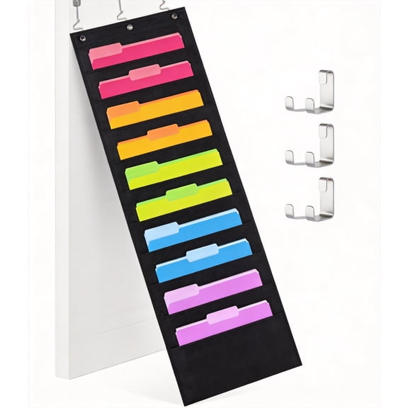 Xinyat Hanging File Organizer with 10 Pockets, Wall File Folder for Classroom Office Home, Over Door Storage for Assignments Scrapbook Papers, Black