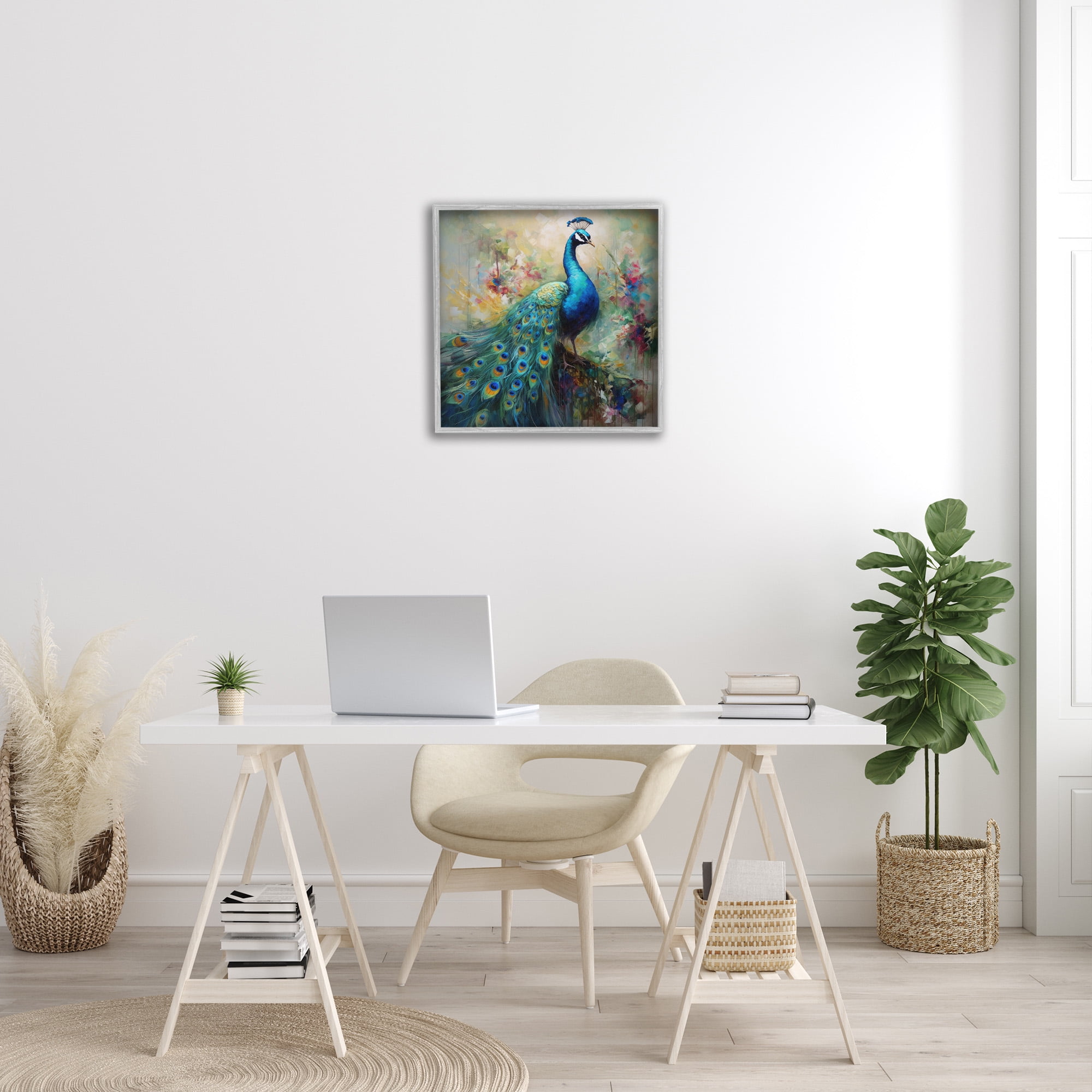Stupell Industries Floral Peacock Pattern Animals & Insects Painting Gray Framed Art Print Wall Art, 24 x 24