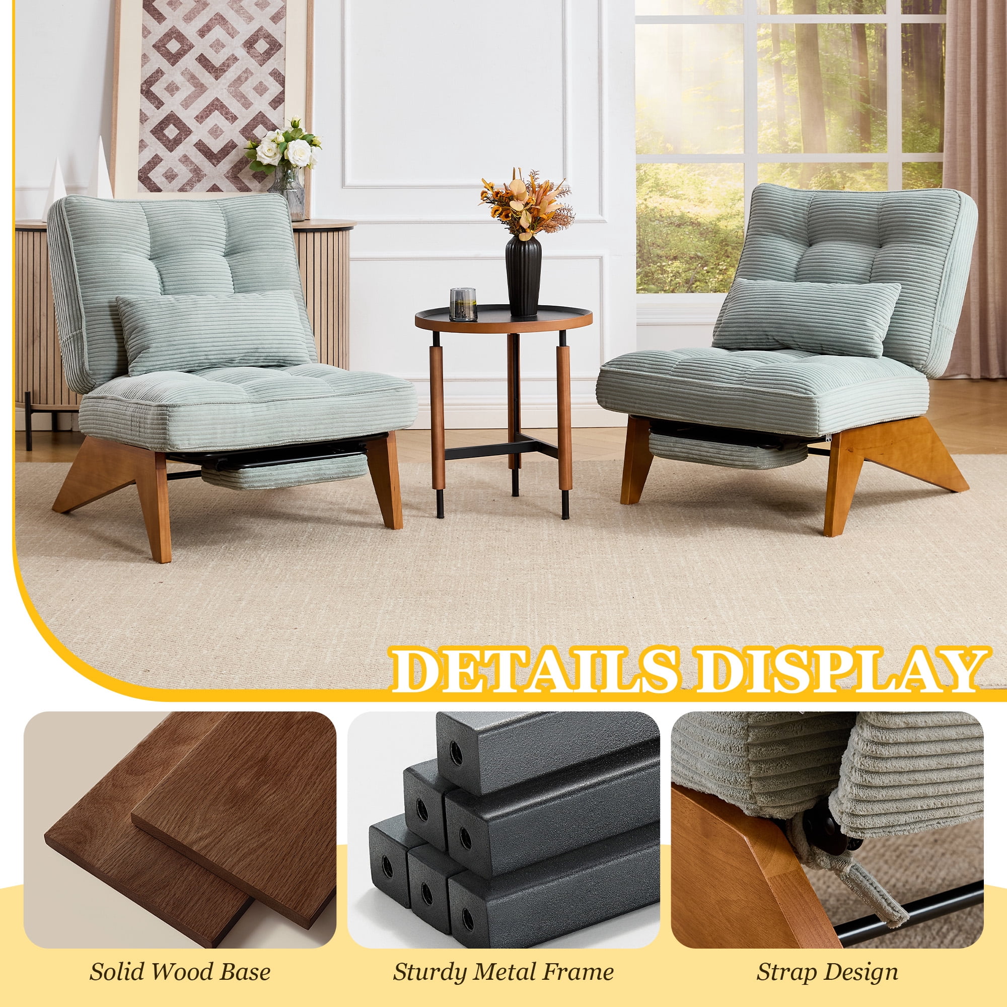 MOONMISS Modern Adjustable Lounge Chair with Footrest,Wooden Base Upholstered Recliner for Reading Rest Corduroy