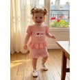 thumbnail image 3 of BemeyourBBs Toddler Baby Girl Summer Clothes Infant Baby Girl Fathers Day Outfit I Love Dad Letter Embroidered Ruffled Trim Short Sleeve T Shirt Tops and Pockets Plaid Shorts 2 Pcs Set, 3 of 9