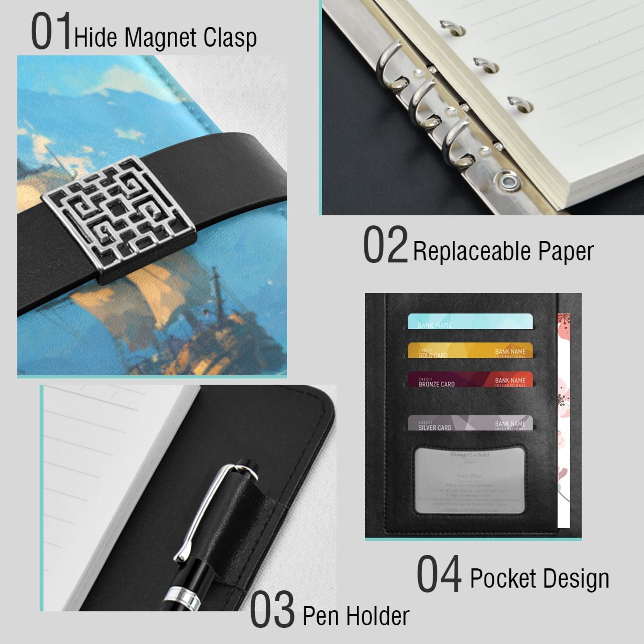 Leather Planner Leather Notebook Notebook Journal Binder Design Pen Pocket Design Convenient for Storage Pirate Ships Ocean Mountain