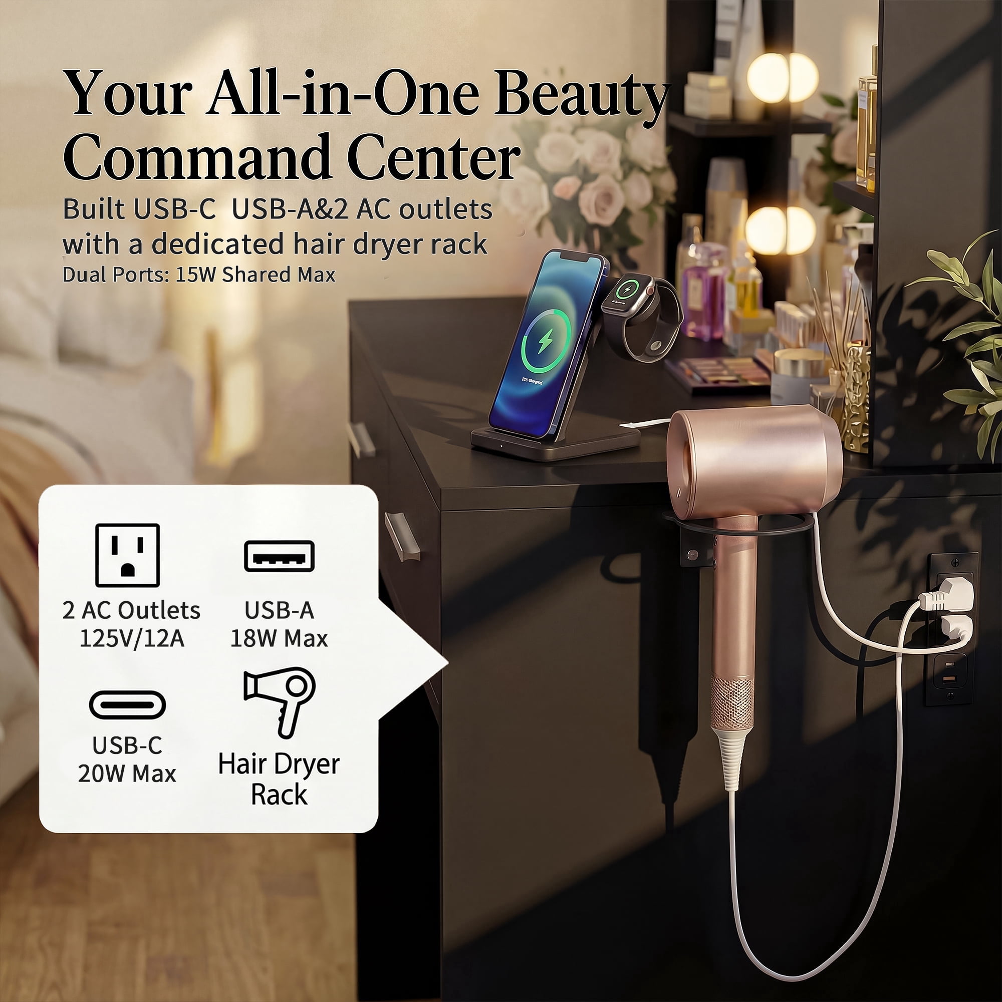Homall Makeup Vanity Set with Mirror & Stool, Vanity Desk with LED Lights & Fast-Charging Outlet, Vanity Table for Bedroom Dressing Room, Black