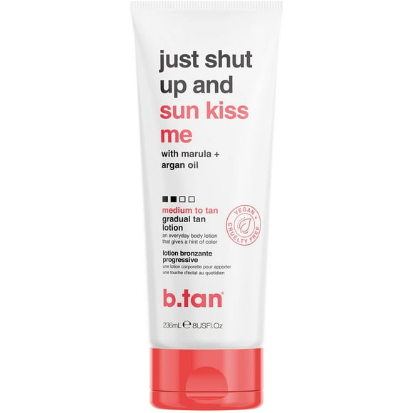 b.tan Daily Moisturizing & Ultra Hydrating Self Tanning Lotion | Just Shut Up and Sunkiss Me Everyday Glow Lotion - Develop a Medium to Tan Bronzed Glow, Infused With Marula + Argan Oil, 8 Fl Oz