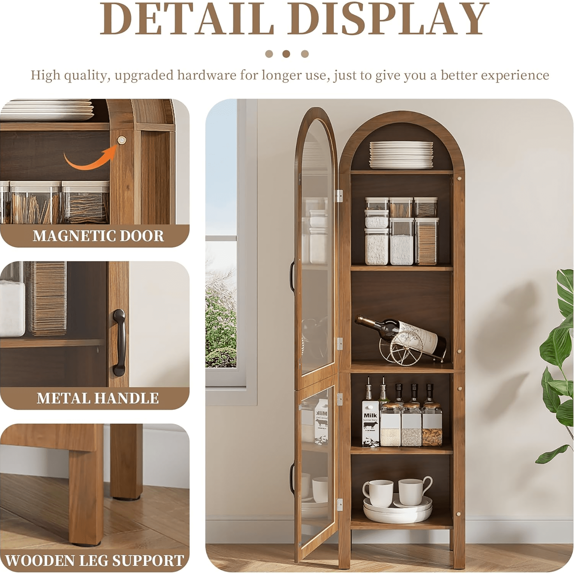 Tall Arched Storage Display Cabinet 5-Shelf with Acrylic Glass Doors, Kitchen Pantry Storage Cabinet Accent Cabinet Bookcase for Living Dining Room
