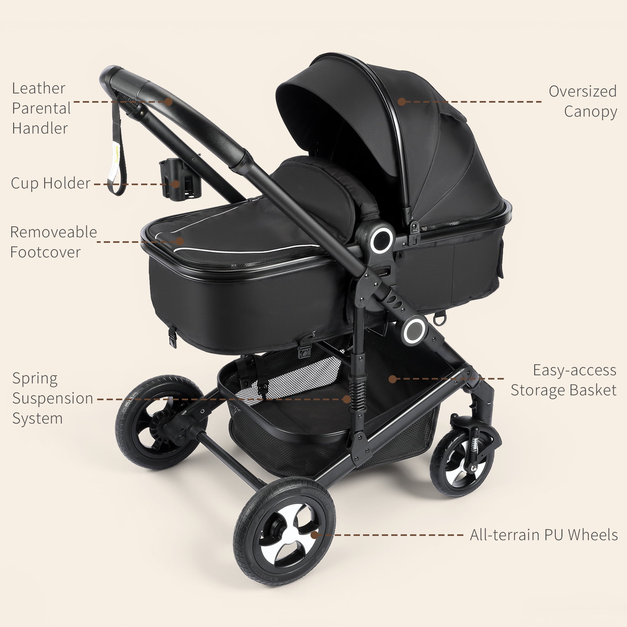 AILEEKISS 3-in-1 Convertible Baby Stroller with Big Seat and Adjustable Canopy, 24 Pounds, Black