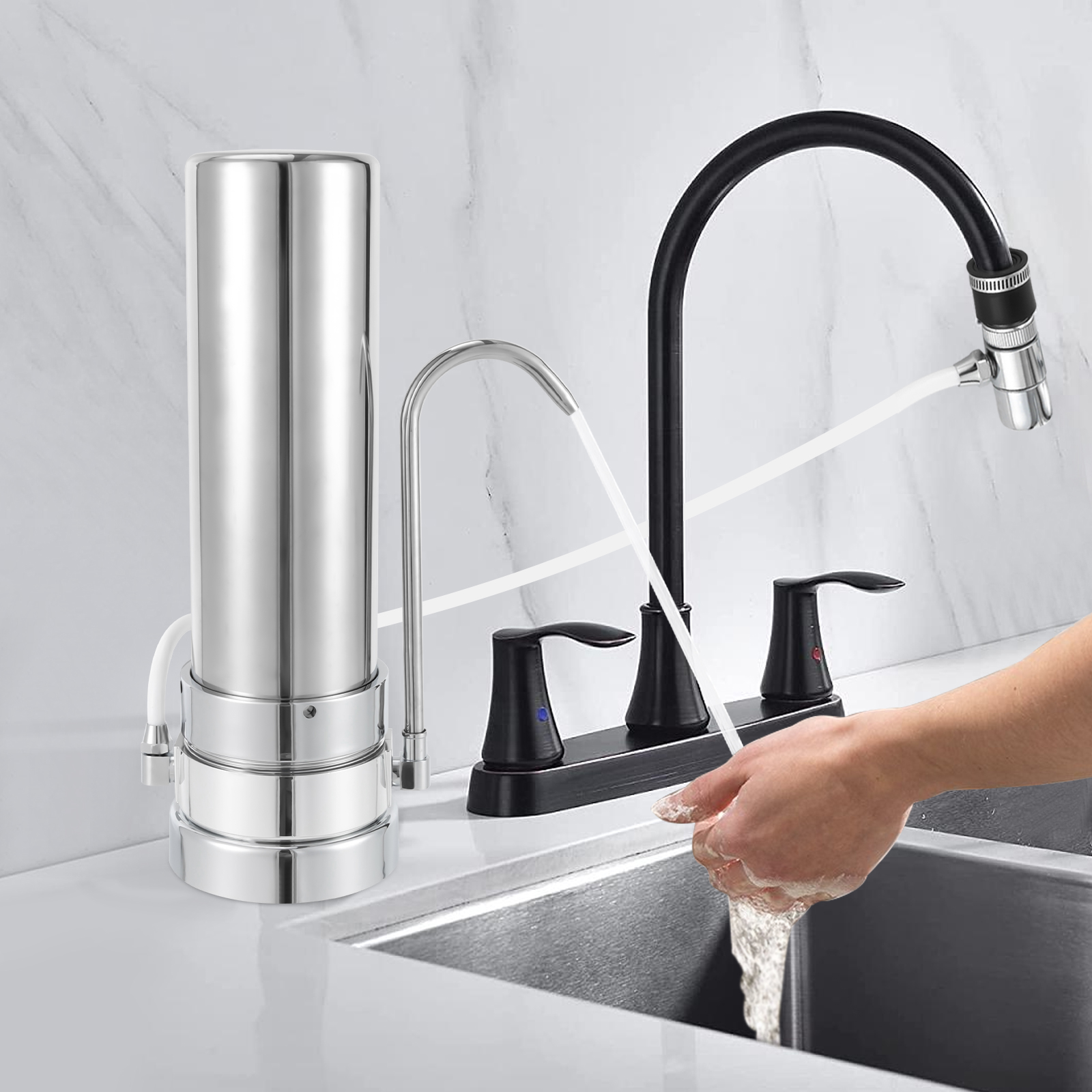ChicHomey 304 Stainless Steel Countertop Water Filter-5μm Filtration,0.8L/min Flow,for Tap Water Filtration in Many Scenarios