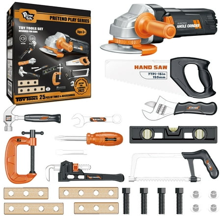 Play Tools for Kids Ages 3-5 Realistic Angle Grinder Wrench Hammer Screwdriver Pretend Play Tool Box Sets Learning & Construction Engineering STEM Toys for Children 3 4 5+