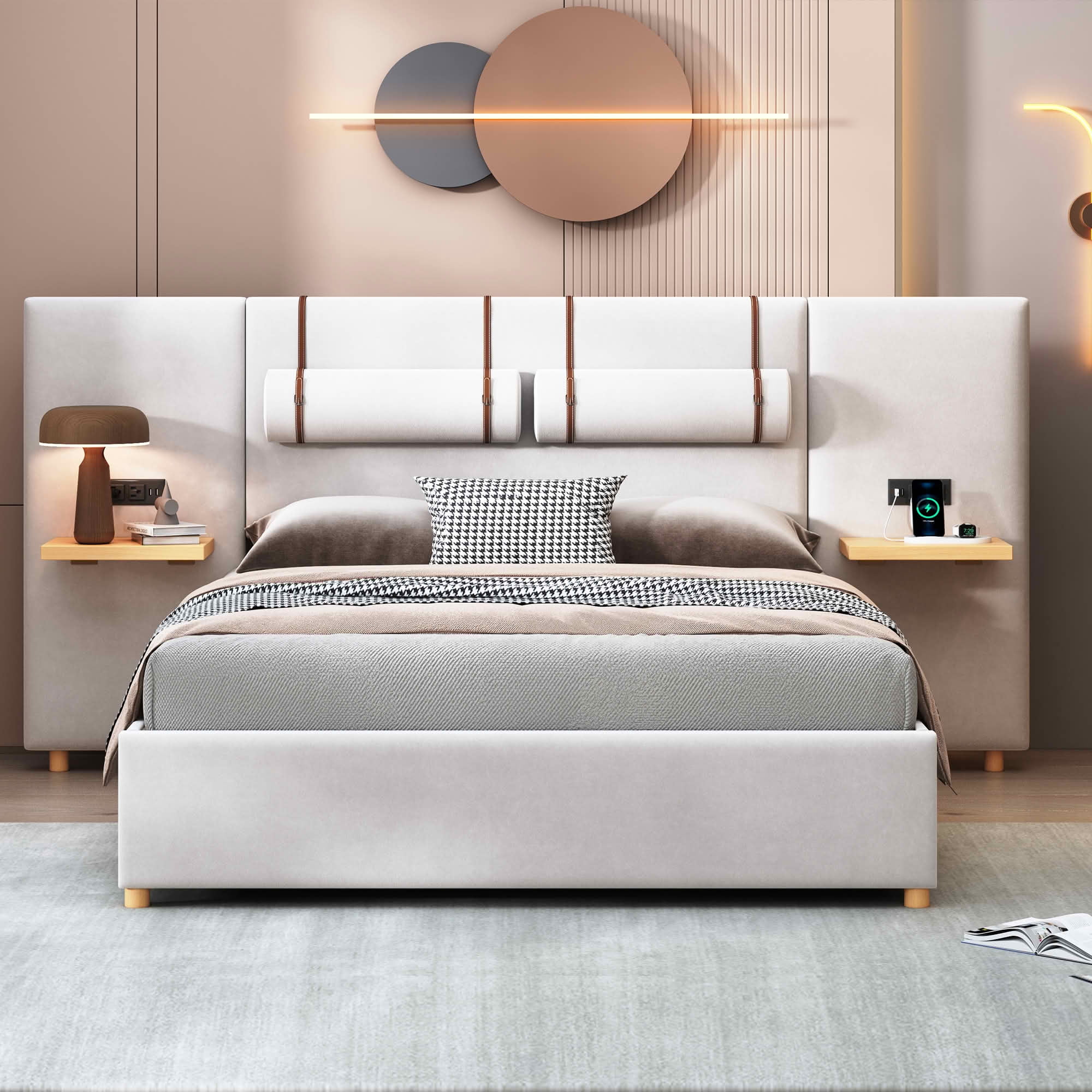 MAYEERTY Queen Size Upholstered Platform Bed, Two Outlets and USB Charging Ports on Both Sides, Two Bedside Pillows, Storage Shelves, Velvet, Beige