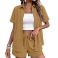 thumbnail image 2 of Shorts Sets Women 2 Piece Outfits Linen Button Down Shirt And Casual Shorts Sets Summer Travel Vacation Beach Matching,Light Brown L, 2 of 5