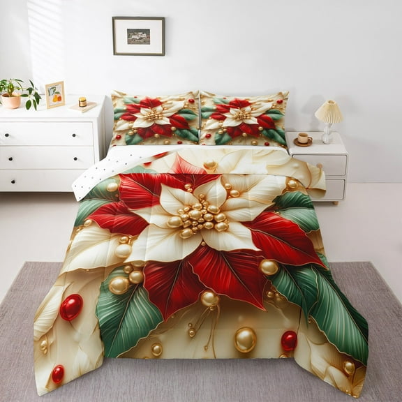 jejeloiu Christmas Red Floral Bedding Comforter Set,Happy New Year Twin Comforter Sets,Xmas Theme Bedding Set For Teens,Breathable Home Decor Reversible,2pcs