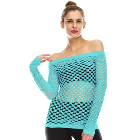 Sexy Long Sleeve Fishnet - Kurve Stretchy Fishnet Long Sleeve Top, UV Protective Fabric, Rated UPF 50+ (Made with Love in The USA) - Aqua - One Size (Xs-Med)